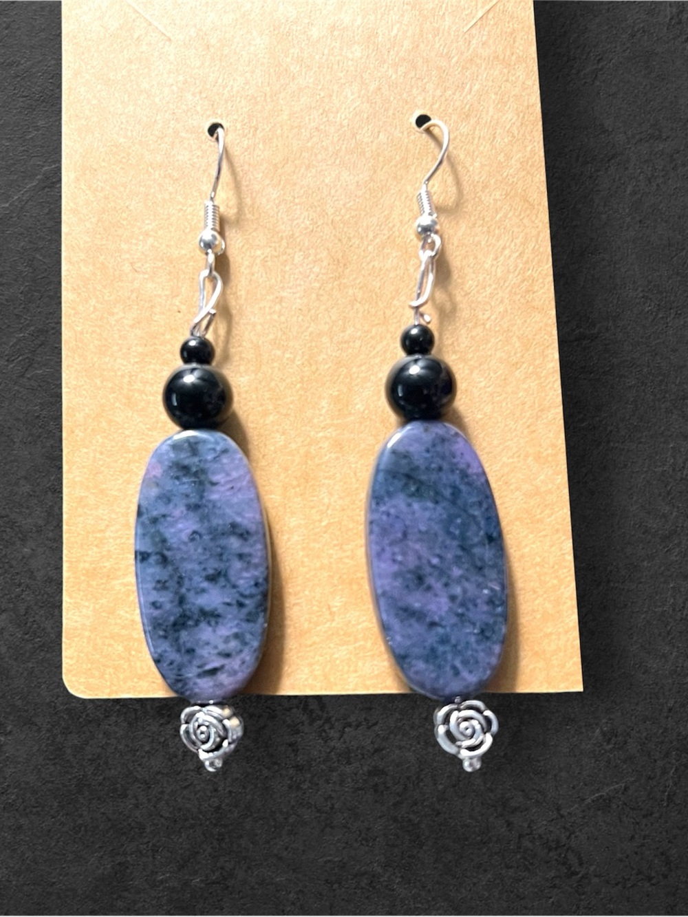 New Handcrafted Purple Dyed Jasper Stone, Obsidian, Rose Accents Drop Earrings
